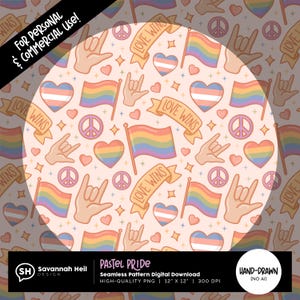 Patrón sin costuras de orgullo pastel / Diseño de arcoíris Love Wins / Archivo LGBTQ+ para sublimación y POD / Dibujado a mano - Sin IA / Uso comercial incluido