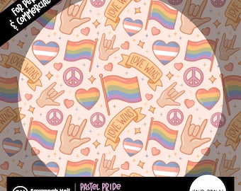 Pastel Pride Seamless Pattern: Hand-Drawn LGBTQ+ Love Wins Rainbows Hearts, 300 DPI Repeating PNG Digital Design