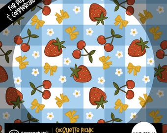 Kokettes Picknick-Muster: Handgezeichnete Erdbeeren, Kirschen & Schleifen, 300 DPI, sich wiederholendes PNG Digital Design