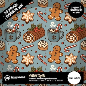 Può includere: Un motivo senza cuciture con dolcetti invernali come omini di pan di zenzero, fiocchi di neve, bastoncini di zucchero e tazze di cioccolata calda su sfondo azzurro. Il design include un tronchetto di Natale e girelle alla cannella. Il testo recita "Winter Treats".