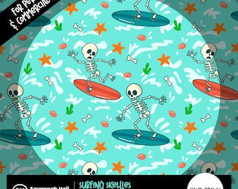Modèle sans couture de squelettes de surf : planches de surf d'Halloween d'été dessinés à la main et crânes, 300 DPI répétant la conception numérique PNG