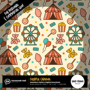Kleurrijk carnaval naadloos patroon | Digitale download circusthema | Kermis Clipart PNG | Met de hand getekend: geen kunstmatige intelligentie | Commercieel gebruik OK