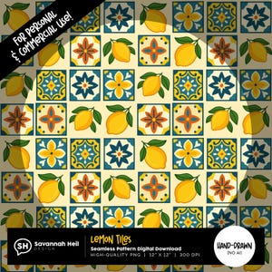 Padrão de azulejo de limão sem emendas | Papel digital cítrico mediterrâneo | Design colorido de verão italiano | Desenhado à mão - Sem IA | Uso comercial permitido