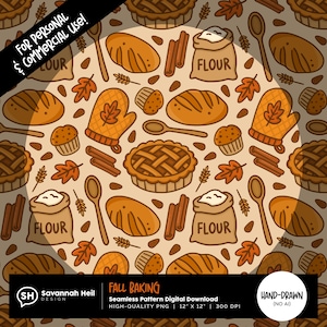 May include: A seamless pattern featuring fall baking elements. The design includes illustrations of pies, bread, muffins, cinnamon sticks, flour sacks, oven mitts, spoons, and autumn leaves in shades of brown and orange. Text reads "FALL BAKING".