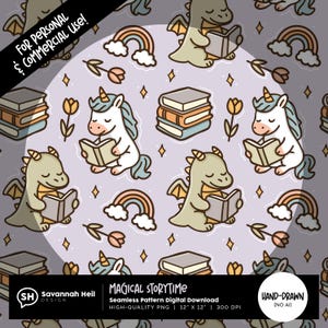 Padrão sem emendas para a hora da história mágica | Unicórnio fofo e dragão lendo PNG | Download de livros infantis | Desenhado à mão - Sem IA | Uso comercial permitido