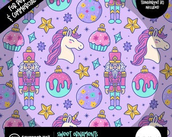 May include: Seamless digital pattern featuring whimsical illustrations of nutcrackers, unicorns, cupcakes, and ornaments in shades of pink, purple, and gold. The design includes the text "Sweet Ornaments" and is hand-drawn, high-quality PNG, 12" x 12".