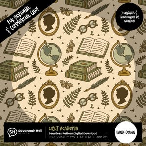 Può includere: Motivo digitale senza cuciture a tema light academia. Il design presenta libri, mappamondi, occhiali, farfalle e silhouette di cammei in tonalità verdi e oro su sfondo beige. Include il testo "LIGHT ACADEMIA".