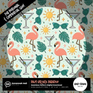 Padrão sem emendas de Palm Springs | Verão de flamingos | Arte digital retrô à beira da piscina | Martini e óculos de sol | Desenhado à mão - Sem IA | Uso comercial permitido
