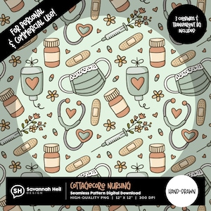 Sömlöst mönster för omvårdnadsstuga: Handritat stetoskop, blommedicin, pastellhälsovård, 300 DPI upprepande PNG digital design