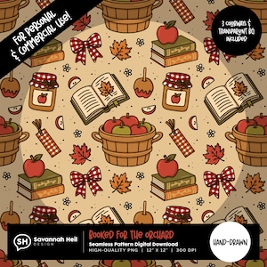 May include: A seamless digital pattern featuring hand-drawn illustrations of apples in baskets, open books with maple leaves, stacks of books with apples on top, jars of jam, red and white checkered bows, bookmarks, and candy apples on a tan background.