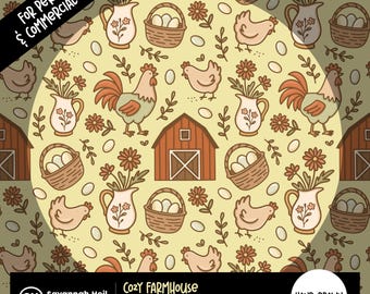 Cozy Farmhouse Seamless Pattern: Hand-Drawn Cute Barnyard Chicken Eggs & Flowers, 300 DPI Repeating PNG Digital Design