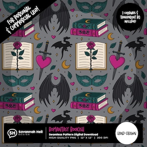 Può includere: Design a motivo senza cuciture con elementi fantasy come ali di drago, maschere, libri, pugnali, cuori e rose. Il design include il testo "ROMANTASY BOOKISH" e "HAND-DRAWN". Disponibile come download digitale.