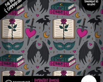 Romantasy Book Lover Seamless Pattern | Hand-Drawn Bookish Romance Fantasy 300 DPI Repeating PNG Digital Design