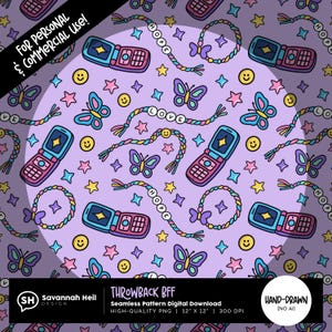 Padrão sem emendas de BFF retrô | Arte digital Y2K | Borboleta de celular flip | Pulseira fofa da amizade | Desenhado à mão - Sem IA | Uso comercial permitido