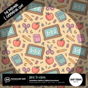 Padrão de volta às aulas sem emendas | Arte digital para materiais escolares | Design escolar fofo | Presente para professor | Desenhado à mão - Sem IA | Uso comercial permitido