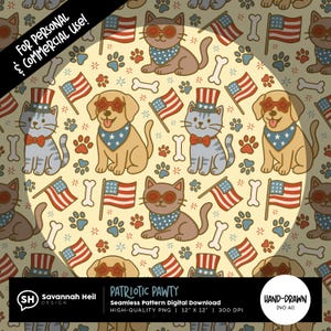 Padrão sem emendas de animais de estimação patrióticos | Download digital de gato e cachorro do 4 de julho | Clipart fofo de animais dos EUA | Desenhado à mão - Sem IA | Uso comercial permitido