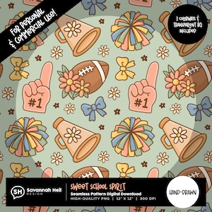 Puede incluir: Un patrón sin costuras con balones de fútbol americano, pompones, megáfonos, lazos y dedos de espuma con el número uno. El diseño incluye flores y el texto "SWEET SCHOOL SPIRIT". El fondo es de color verde claro.