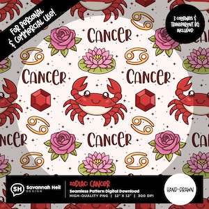 Peut inclure: Motif numérique sans couture avec des crabes rouges, des roses roses et des fleurs de lotus, avec le mot "CANCER" et le symbole du zodiaque Cancer. Le motif comprend le texte "FOR PERSONAL & COMMERCIAL USE!" et "HAND-DRAWN".
