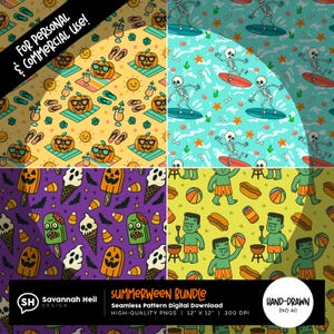 Summerween Seamless Pattern Bundle | Summer Halloween PNGs | Cute Spooky Beach Designs | Hand-Drawn | Commercial Use Included