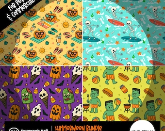 Sommerlich Muster-Bundle | Sommer-Halloween-PNGs | Niedliche gruselige Strand Designs | Handgezeichnet | Kommerzielle Nutzung inbegriffen