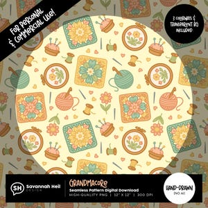 May include: A seamless digital pattern with a pale yellow backdrop, featuring hand-drawn illustrations of embroidery hoops, yarn balls, flowers, and sewing notions. The text "GRANDMACORE" is included. The pattern is 30.48 cm x 30.48 cm.