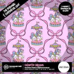 Puede incluir: Patrón digital sin costuras con un diseño repetitivo de caballos de carrusel, lazos y cintas en rosa, azul y amarillo. El texto "COQUETTE CAROUSEL" se muestra en la parte inferior, junto con detalles sobre la descarga digital, incluido un tamaño de 30,48 cm x 30,48 cm.