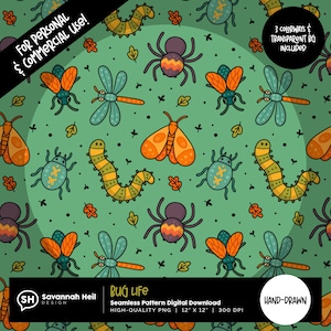 May include: A seamless pattern featuring various cartoon bugs, including spiders, caterpillars, butterflies, and dragonflies, in shades of orange, teal, and purple on a green background. The design includes the text "BUG LIFE" and "HAND-DRAWN".