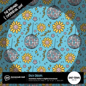 Padrão de margaridas de discoteca sem emendas | Festa floral retrô | Flor sorridente e bola de discoteca | Arte de margaridas descolada | Desenhado à mão - Sem IA | Uso comercial permitido