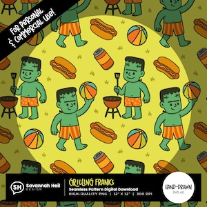 Wzór bez szwu Summer Frankenstein | Projekt plaży na Halloween z grilla | Pobieranie cyfrowe Summerween | Rysowane ręcznie — bez AI | Użytkowanie komercyjne OK