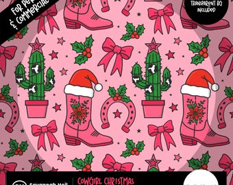 Western Christmas Seamless Pattern: Hand-Drawn Cowboy Boots, Cactus, and Horseshoes, 300 DPI Repeating PNG Digital Design