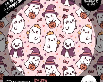 Peut inclure: Un motif numérique sans couture avec de mignons personnages fantômes dans des costumes variés, notamment des chapeaux de sorcière, des capes et des couronnes, tenant des citrouilles et des baguettes. Le motif comprend des cœurs et des nœuds sur fond rose. Le texte "Boo Crew" est visible.