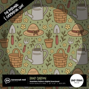 Padrão sem emendas de jardim chuvoso | Jardinagem caprichosa PNG | Arte digital floral aconchegante de primavera | Desenhado à mão - Sem IA | Uso comercial permitido