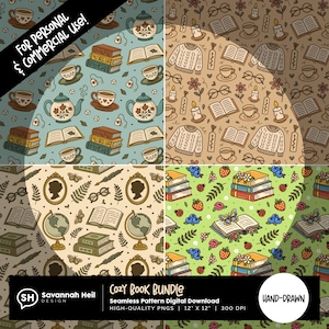 Paquete PNG de patrones sin costuras de libros acogedores: diseños digitales de libros dibujados a mano, papeles digitales para amantes de los libros de estilo cottagecore