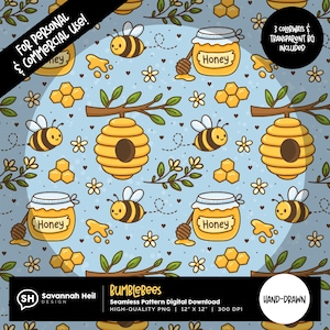 May include: A seamless pattern featuring cartoon bees, honey pots, honeycombs, and beehives on a light blue background. The design includes the text "Honey" on the jars and "Bumblebees" at the bottom. The pattern is hand-drawn.