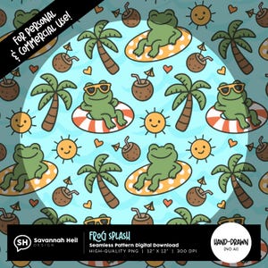 Padrão de sapo de verão sem emendas | PNG tropical fofo | Design de boia de piscina | Arte digital de praia com palmeiras | Desenhado à mão - Sem IA | Uso comercial permitido