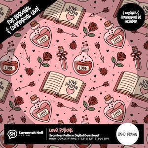 May include: A pink seamless pattern with illustrations of love potions, books, arrows, roses, and ladybirds. The potions are in heart-shaped and round bottles, labelled "Lust" and "Love". The text "Love Potion" is on the open books.