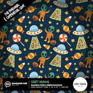 May include: Seamless digital pattern featuring cartoon aliens in orange suits, UFOs, candy corn, and lollipops on a dark blue background. The text "CANDY INVASION" is included. The design is hand-drawn and suitable for personal and commercial use.