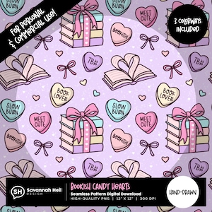 May include: A seamless digital pattern featuring stacks of books tied with pink bows, heart-shaped candies with phrases like "Bookish" and "Meet Cute," and small bows on a lavender background. The text "Bookish Candy Hearts" is included.