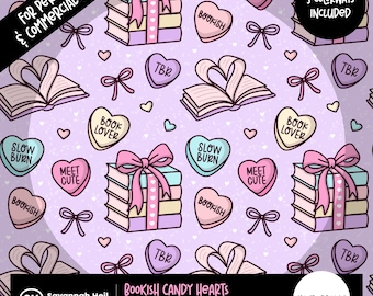 Bookish Candy Hearts Seamless Pattern: Hand-Drawn Pastel Book Lover Valentine's Day 300 DPI Repeating PNG Digital Design