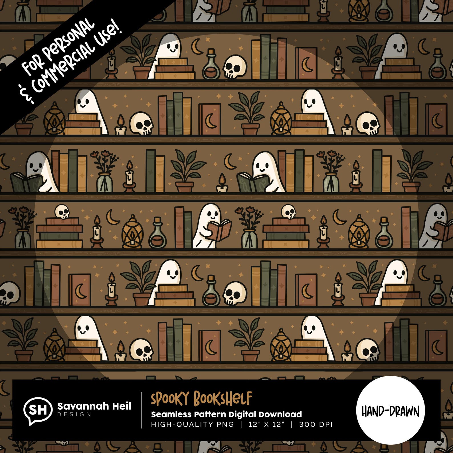 Spooky Ghost Bookshelf Seamless Pattern: Cute Bookish Halloween Skulls ...