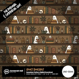 May include: A seamless pattern design of a spooky bookshelf. The illustration features ghosts, books, skulls, candles, and potion bottles. The text reads "SPOOKY BOOKSHELF" and "HAND-DRAWN".