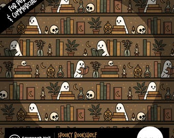 Peut inclure: Motif sans couture représentant une bibliothèque effrayante. L'illustration comprend des fantômes, des livres, des crânes, des bougies et des fioles de potion. Le texte indique "SPOOKY BOOKSHELF" et "HAND-DRAWN".