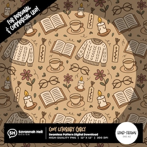 Padrão sem emendas aconchegante e literário | Garota literária PNG | Papel digital de outono | Design de suéter com vela de chá | Desenhado à mão - Sem IA | Uso comercial permitido
