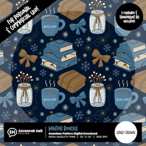 May include: Seamless pattern design featuring books, mugs, bows, blankets, and mason jars with sprigs on a navy blue background. The text "Book Lover" is on the mugs. The design includes snowflakes and the text "Winter Bookish".