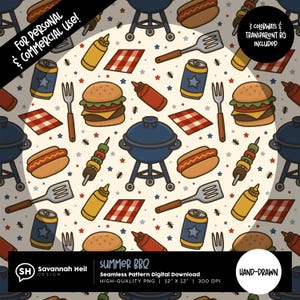 May include: A repeating pattern with summer BBQ illustrations, including burgers, hot dogs, and grills. The design incorporates red, white, and blue stars, with the text "SUMMER BBQ" and "HAND-DRAWN". The pattern is 30.48 cm x 30.48 cm and includes 3 colourways.