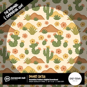 Padrão de Cacto do Deserto Sem Costura | Design Boho Western PNG | Flores de Cacto em Tons Terrosos | Desenhado à Mão - Sem IA | Uso Comercial Aprovado