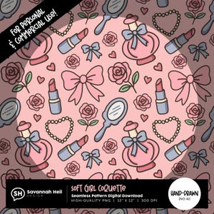 Padrão sem emendas de coquete de menina suave | Arte digital com laço rosa e perfume | PNG estético feminino vintage | Desenhado à mão - Sem IA | Uso comercial permitido