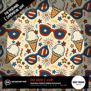 Padrão de sorvete patriótico sem emendas | Download digital de 4 de julho | Design de verão vermelho, branco e azul | Desenhado à mão - Sem IA | Uso comercial permitido
