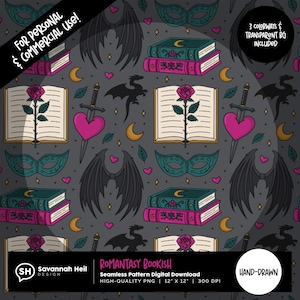 May include: A repeating pattern on a dark grey background, featuring illustrations of books, roses, hearts pierced by swords, dragon wings, crescent moons, and masquerade masks. The text "ROMANTASY BOOKISH" is included.