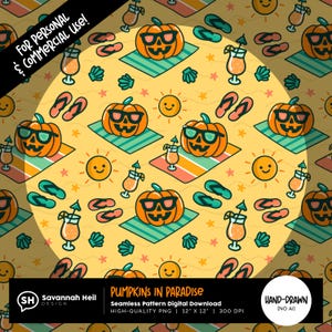 Padrão de abóbora de praia sem emendas | Design de abóbora de verão | Halloween de verão PNG | Desenhado à mão - Sem IA | Uso comercial permitido